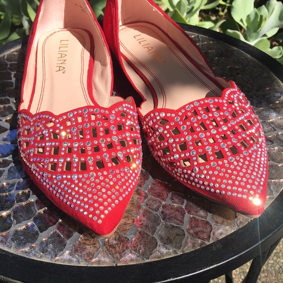 Liliana Shoes - SPARKLY 🌹RED SUEDE FLATS✨